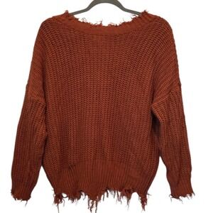 V Neck Chunky Sweater Frayed hem Rust Orange Acrylic Knit Pullover Size S